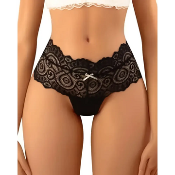 Black lace high waisted womens underwear with a delicate lace floral pattern and a small silver bow at the center