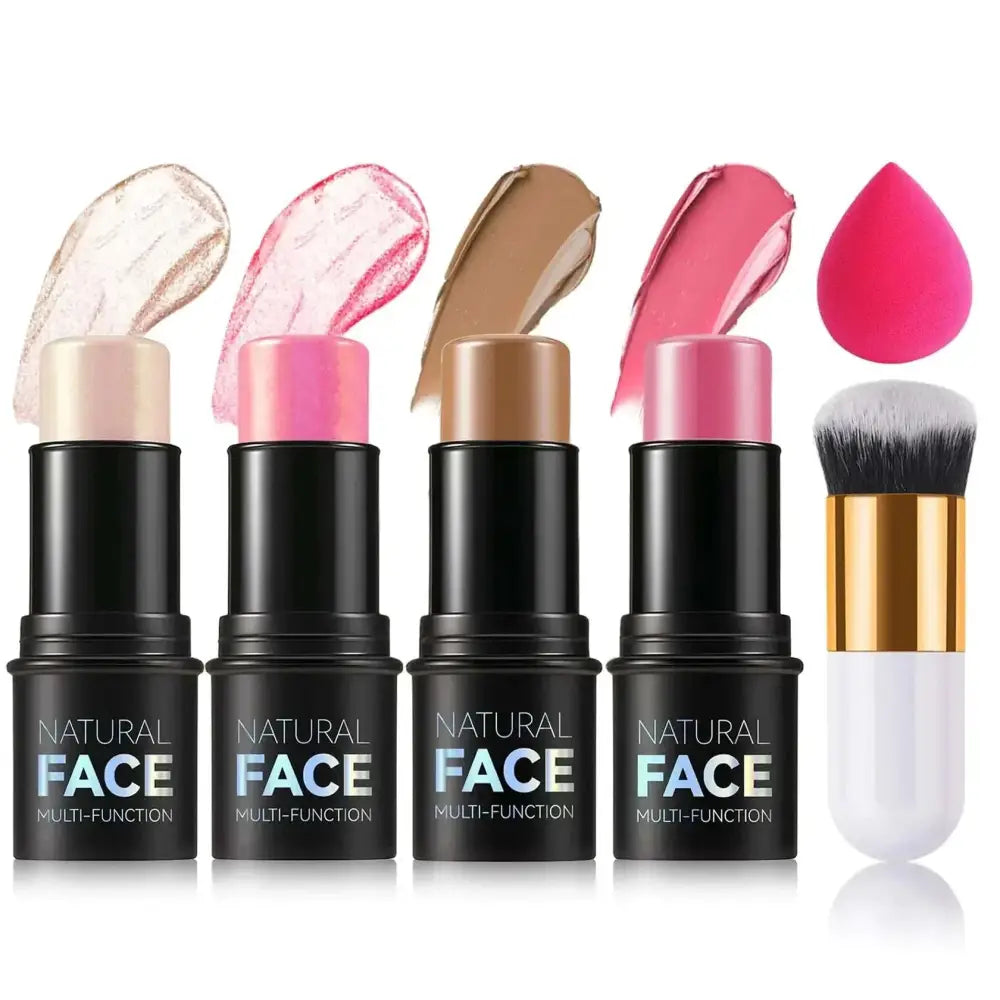 Set of four black-capped natural face highlighter stickcream bronzer sticks with beige pink brown and peach swatches and tools
