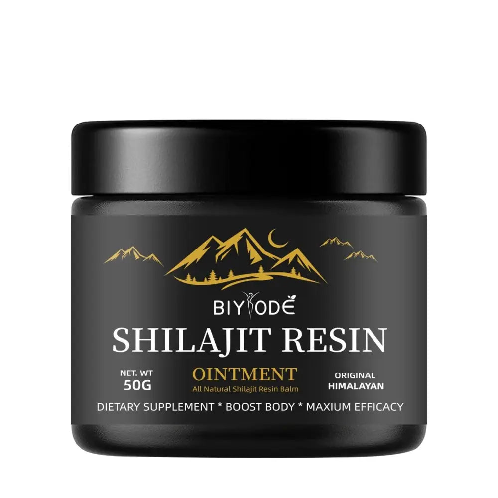 Black jar of biyode shilajit resin ointment with gold mountain and crescent moon logo for himalayan shilajit gummies