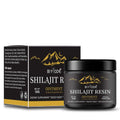 Black jar of biyode shilajit resin ointment with gold mountain and moon logo 50g net weight for himalayan shilajit use
