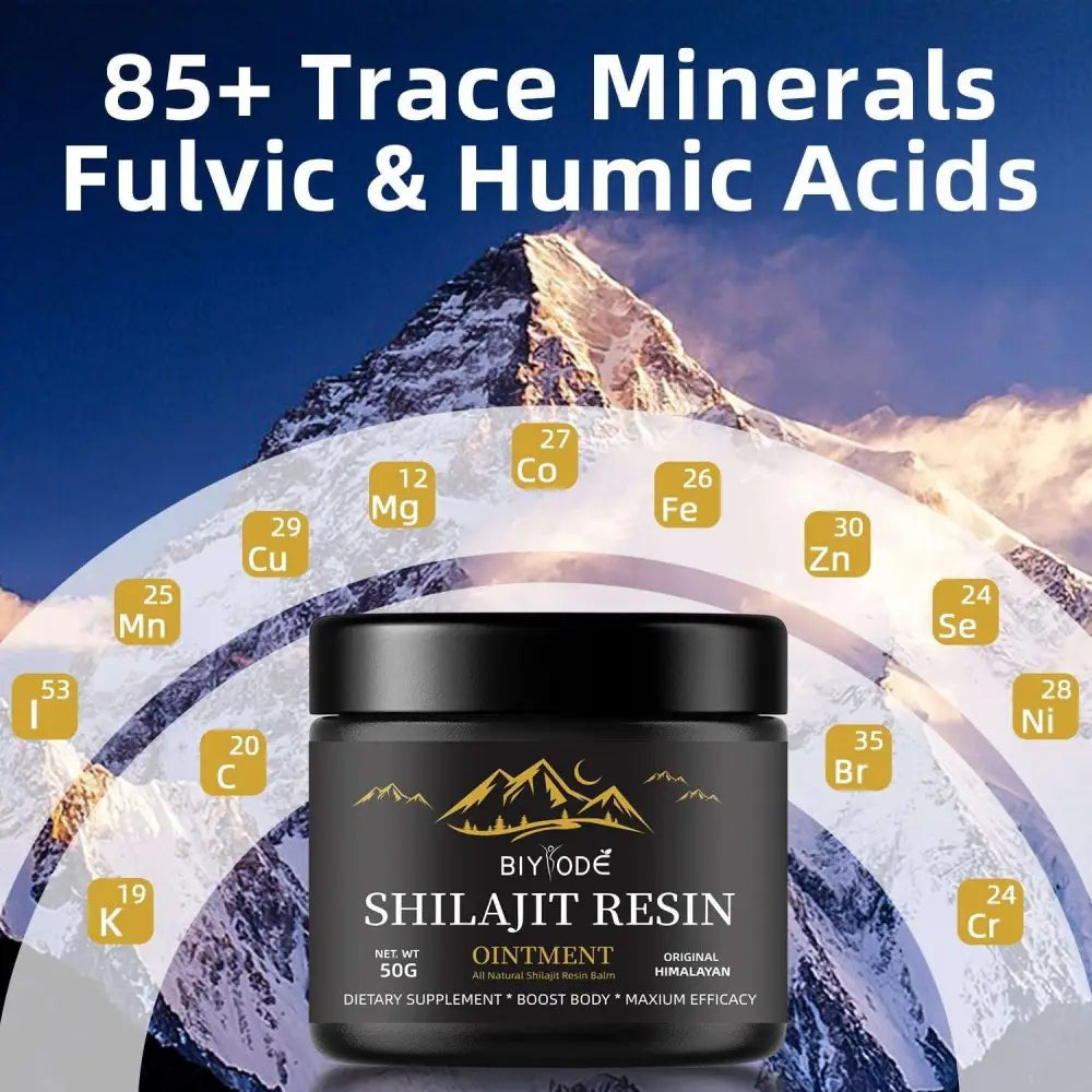 Black jar of biyode shilajit resin ointment with gold mountain logo and white text labeled original himalayan shilajit dietary supplement for shilajit gummies use
