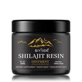 Black jar of biyode shilajit resin ointment with gold mountain logo for himalayan shilajit and shilajit gummies