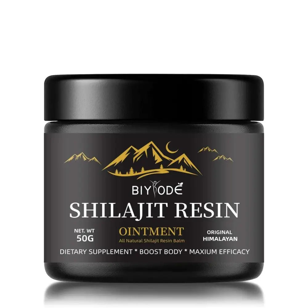 Black jar of biyode shilajit resin ointment with gold mountain logo for himalayan shilajit and shilajit gummies