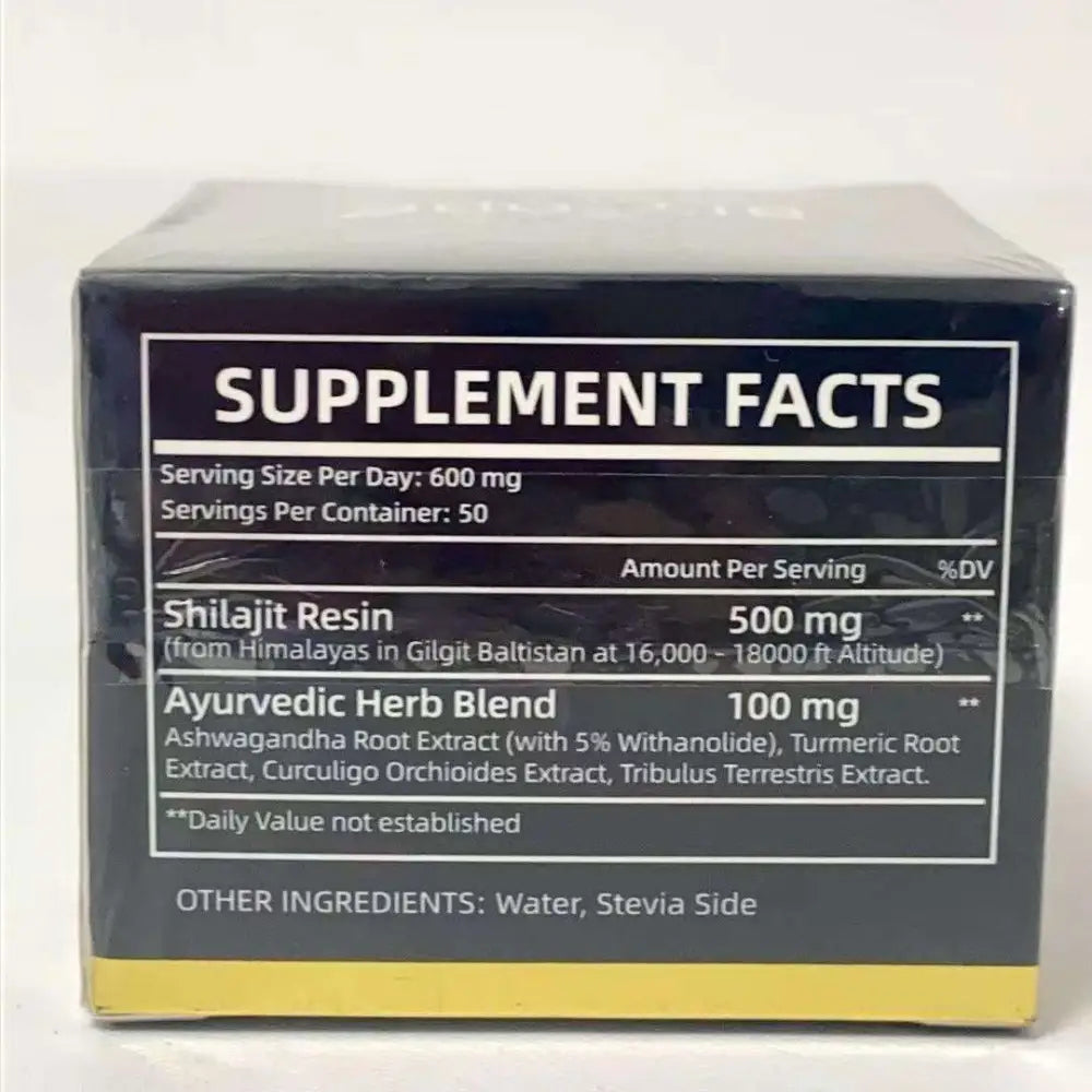 Image of the back side of a black and yellow himalayan shilajit sugar free chewables box with supplement facts and shilajit resin ingredients