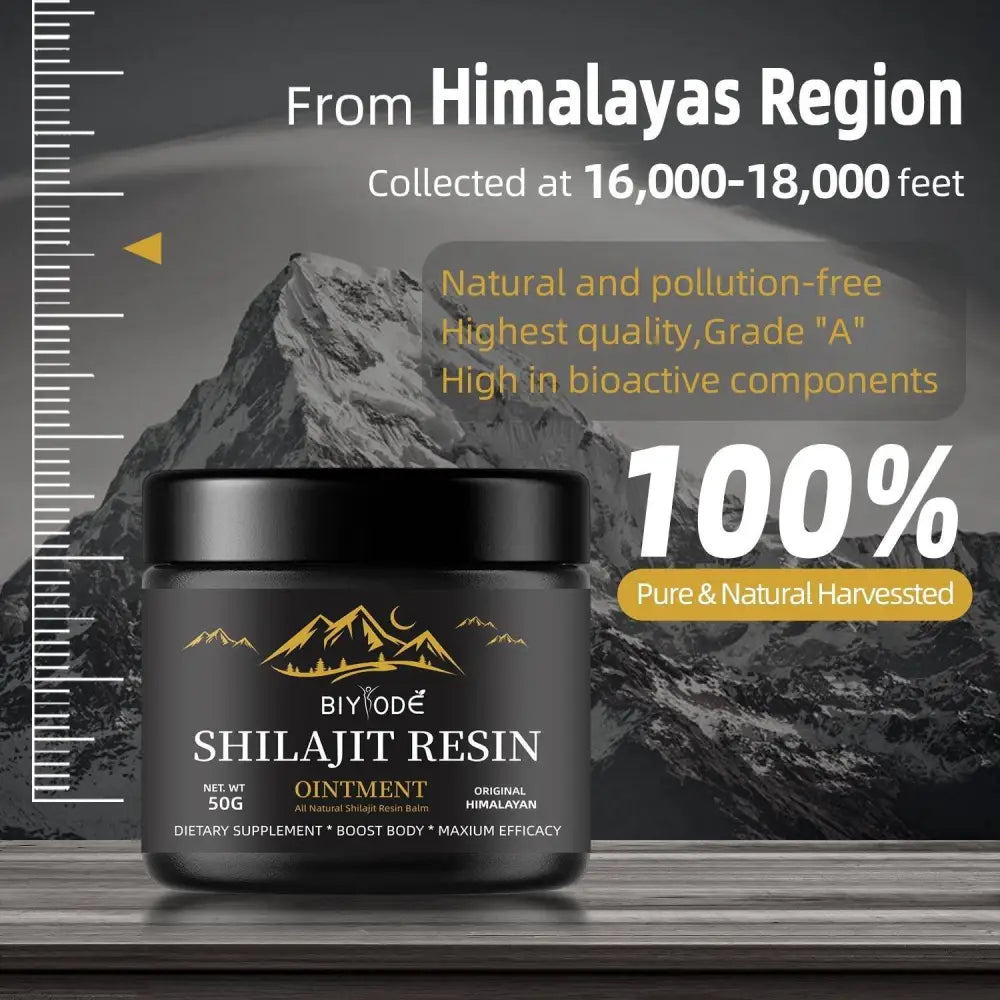 Black cylindrical jar of biyode shilajit resin ointment with gold mountain and crescent logo for himalayan shilajit use
