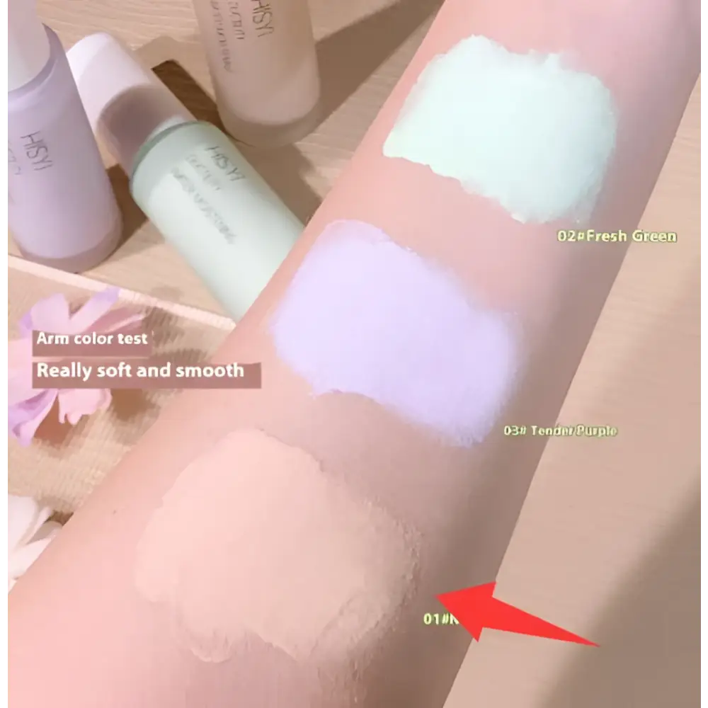 Beige-toned silky clear makeup primer three color set swatch labeled 01 with creamy texture for a smooth finish