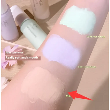 Beige-toned silky clear makeup primer three color set swatch labeled 01 with creamy texture for a smooth finish