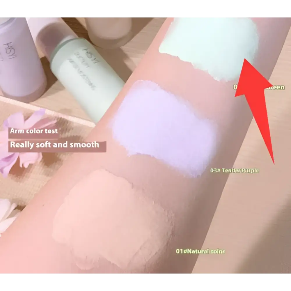 A soft creamy lavender foundation swatch on skin showcasing hisyi silky clear makeup primer three color set for natural finish