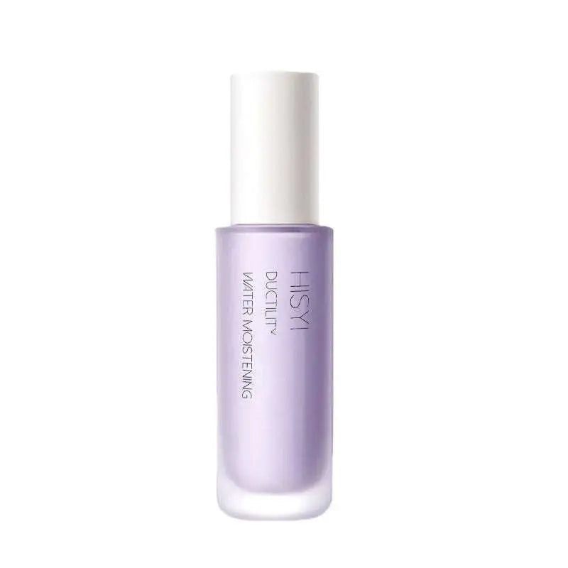 A sleek translucent lavender glass bottle with white cap labeled hisy ductility water moistening for silky clear makeup primer three color set