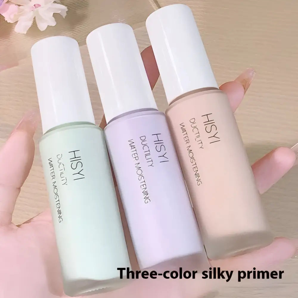 HISYI silky clear makeup primer three color set features translucent green lavender and beige hues in glass bottles