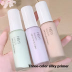 HISYI silky clear makeup primer three color set features translucent green lavender and beige hues in glass bottles