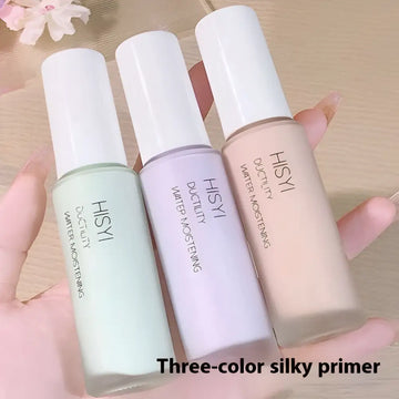 HISYI silky clear makeup primer three color set features translucent green lavender and beige hues in glass bottles