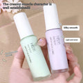 Two sleek translucent glass bottles with white caps containing pale green and lavender silky clear makeup primer three color set by hisyi