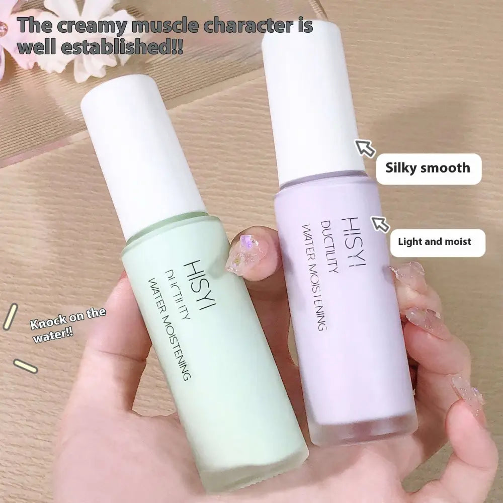 Two sleek translucent glass bottles with white caps containing pale green and lavender silky clear makeup primer three color set by hisyi