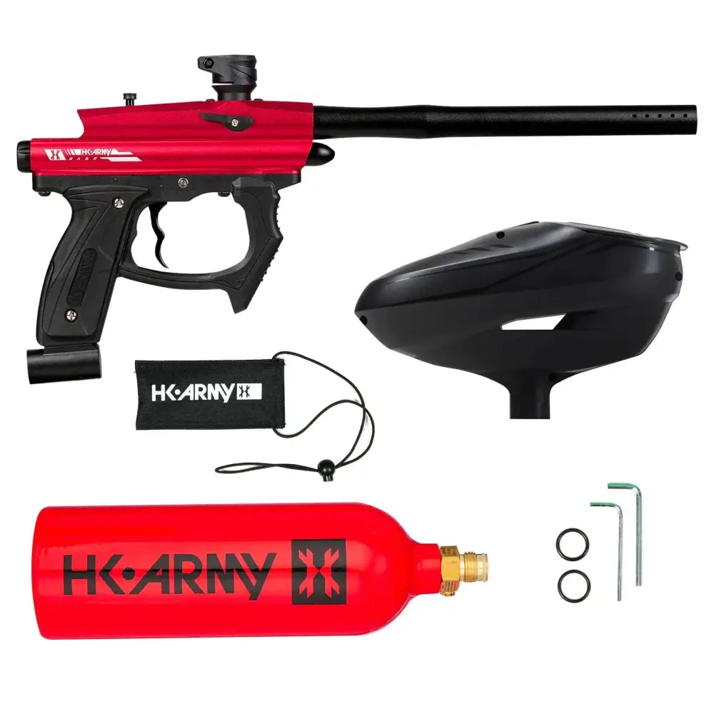 Red and black hk army sabr paintball gun starter package with matching red co2 paintball air tank