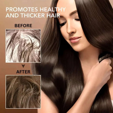A woman with long dark brown hair styled in smooth waves using hoegoa moroccan hair care with teal label