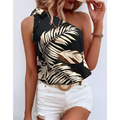 Black holidaya allover floral print knot one-shoulder blouse with bold white and beige palm leaf design