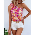 Holidaya allover floral vibrant one-shoulder blouse with floral print knot and ruffled neckline in pink orange and yellow