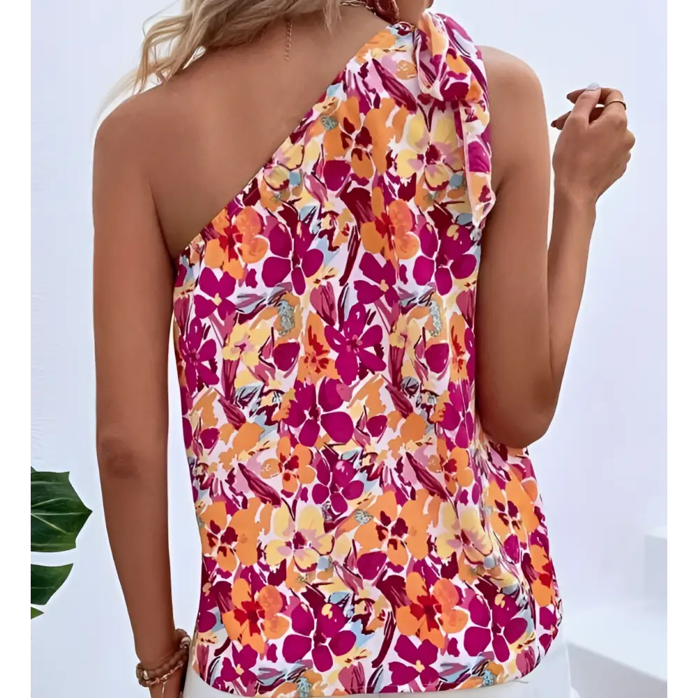 Holidaya allover floral print knot one-shoulder blouse in vibrant pink orange and yellow with flowing fabric design