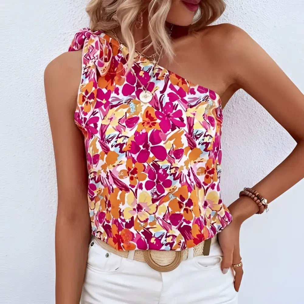 Holidaya allover floral one-shoulder blouse with a floral print knot design in pink orange and yellow on white background