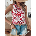 Holidaya allover floral white and red floral print knot one-shoulder blouse with ruffled neckline for stylish occasions