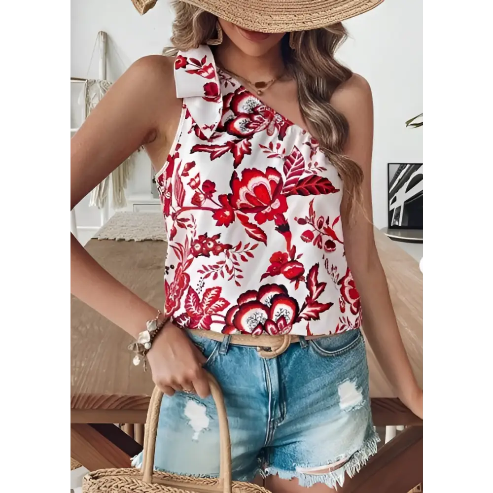 Holidaya allover floral white and red floral print knot one-shoulder blouse with ruffled neckline for stylish occasions