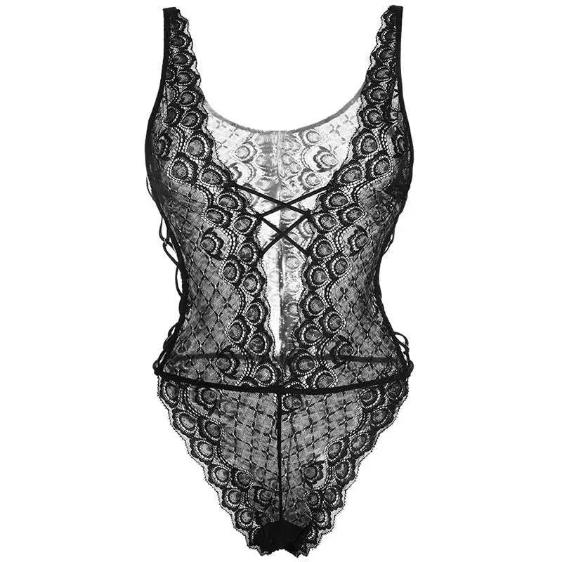 Black lace hot seductive bodysuit featuring intricate circular patterns and a sheer transparent center