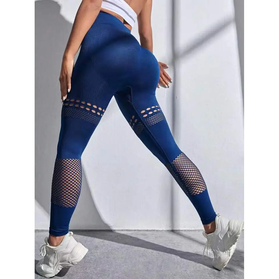 Blue high-waisted hollow seamless yoga pants with mesh panels on thighs and calves ideal for yoga pants training