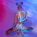 Holographic nightclub lead dance bar performance costume in shimmering blue and silver with reflective material and neon accents