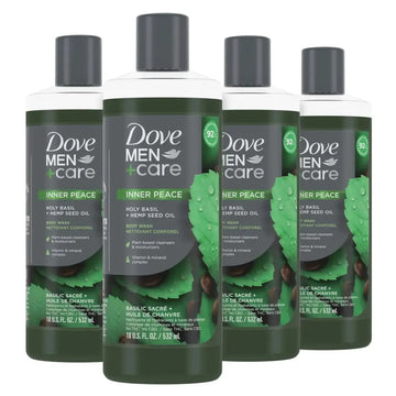 Four bottles of dove men+care holy basil and hemp seed oil body wash with dark green labels featuring basil imagery