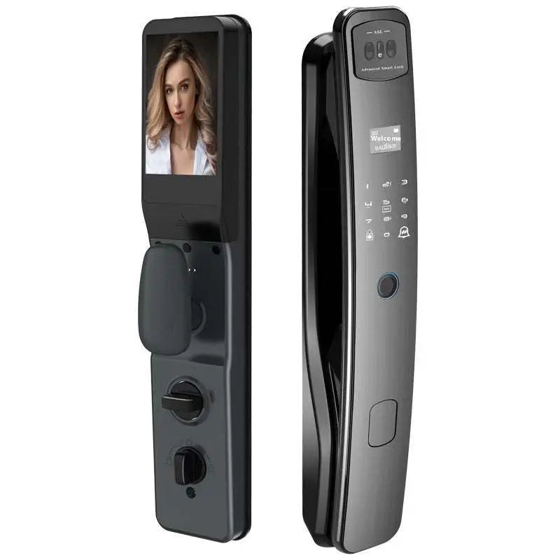 Black fully automatic fingerprint 3d facial smart lock with touchscreen display and fingerprint sensor for home security
