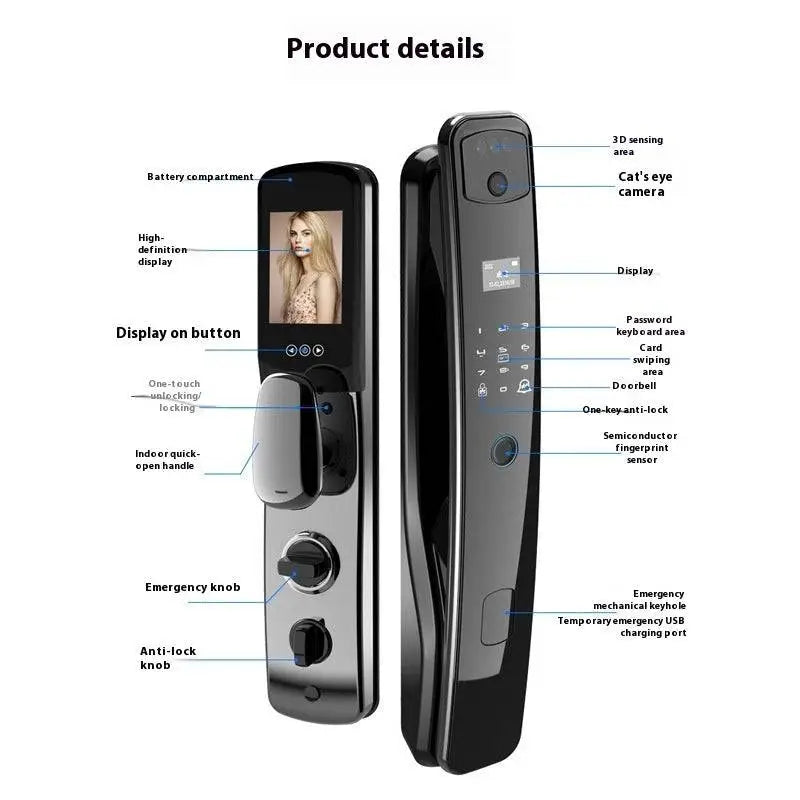 Black fully automatic fingerprint 3d facial smart lock with hd display fingerprint sensor and mechanical keyhole