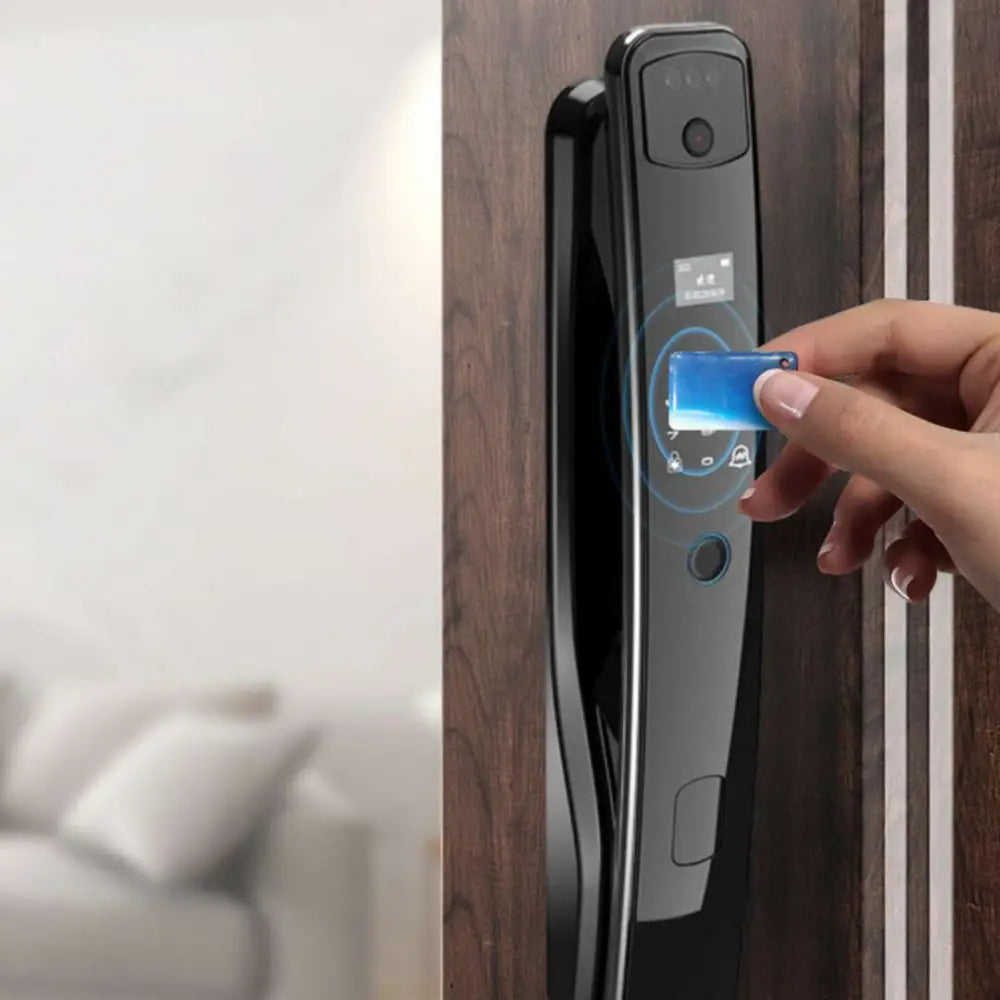 Black fully automatic fingerprint 3d facial smart lock with digital interface unlocking door using blue rfid key fob