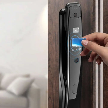 Black fully automatic fingerprint 3d facial smart lock with digital interface unlocking door using blue rfid key fob