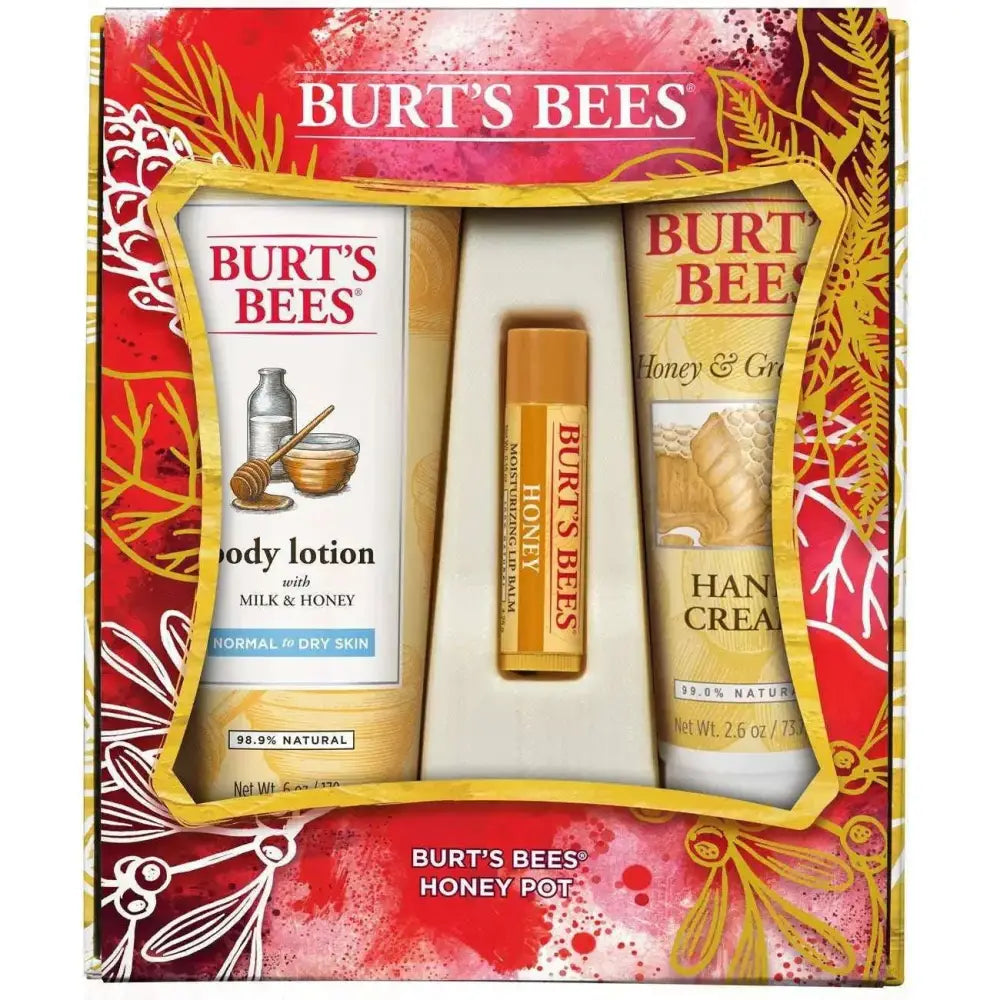 Burt’s Bees honey pot holiday gift set with body lotion hand cream and lip balm in festive red and gold box