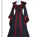 Black and red hooded medieval revival victorian dress with corseted bodice long flowing sleeves and velvet trim