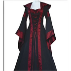 Black and red hooded medieval revival victorian dress with corseted bodice long flowing sleeves and velvet trim