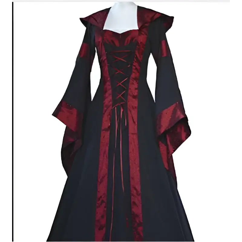 Black and red hooded medieval revival victorian dress with corseted bodice long flowing sleeves and velvet trim