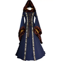 Deep navy hooded medieval revival victorian dress with plush burgundy hood, gold embroidery, and long flowing sleeves
