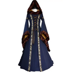 Deep navy hooded medieval revival victorian dress with plush burgundy hood, gold embroidery, and long flowing sleeves