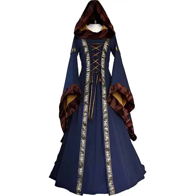 Deep navy hooded medieval revival victorian dress with plush burgundy hood, gold embroidery, and long flowing sleeves