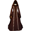 A rich brown hooded medieval revival victorian dress with lace-up front gold-trimmed panels and long flowing sleeves