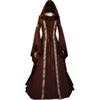 A rich brown hooded medieval revival victorian dress with lace-up front gold-trimmed panels and long flowing sleeves