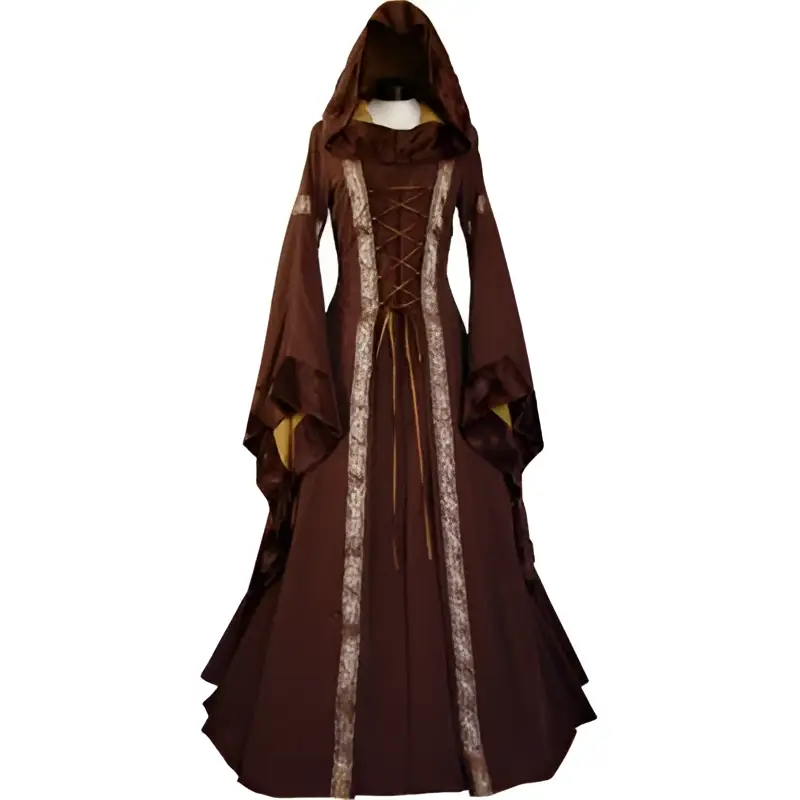 A rich brown hooded medieval revival victorian dress with lace-up front gold-trimmed panels and long flowing sleeves
