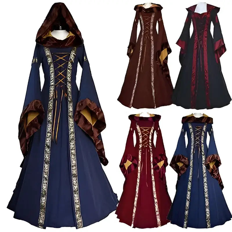 A collection of hooded medieval revival victorian dresses in navy blue burgundy and deep red with gold trim and lace-up fronts