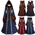 A collection of hooded medieval revival Victorian dresses in navy blue burgundy and deep red with long flowing sleeves and gold trim