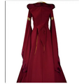 A rich burgundy hooded medieval revival victorian dress with long flowing sleeves and gold-trimmed cuffs