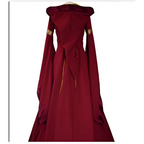 A rich burgundy hooded medieval revival victorian dress with long flowing sleeves and gold-trimmed cuffs