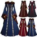 A hooded medieval revival victorian dress collection in rich blue burgundy and black with gold-trimmed lace-up fronts and long flowing sleeves