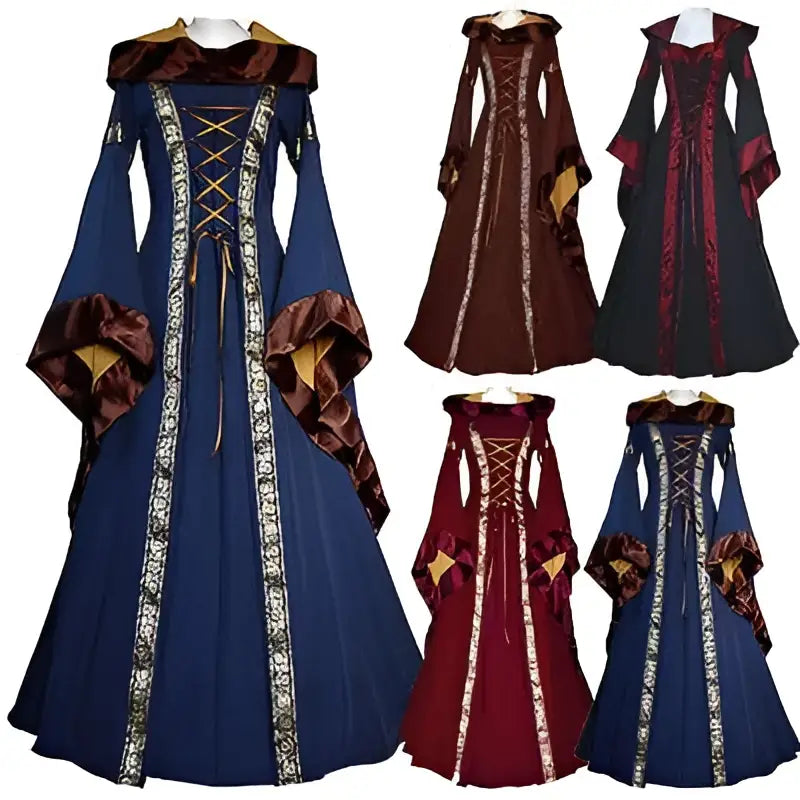 A hooded medieval revival victorian dress collection in rich blue burgundy and black with gold-trimmed lace-up fronts and long flowing sleeves